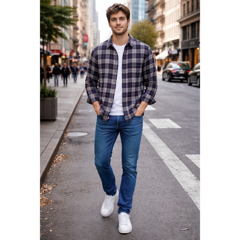 American Eagle Plaid Flannel Shirt Mens Sz Large Button Up Gray Gorpcore Grunge